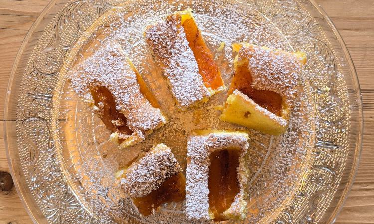 Fünf Stücke Marillenkuchen mit Puderzucker bestäubt, auf einem verzierten Glasteller